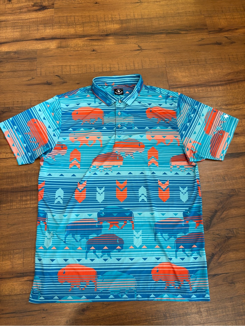 Raised by Coyotes Polo Shirt Mens XL Blue Aztec Performance Golf Buffalos Desert